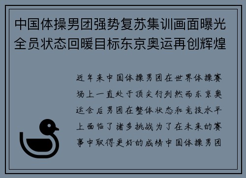 中国体操男团强势复苏集训画面曝光全员状态回暖目标东京奥运再创辉煌