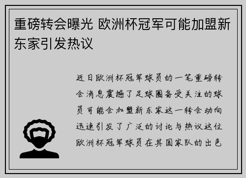 重磅转会曝光 欧洲杯冠军可能加盟新东家引发热议